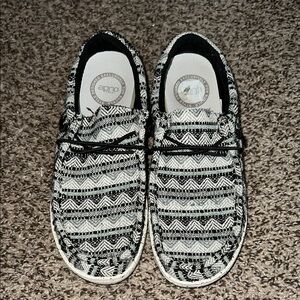 Hey Dude Black and White Moccasins with Geometric Pattern